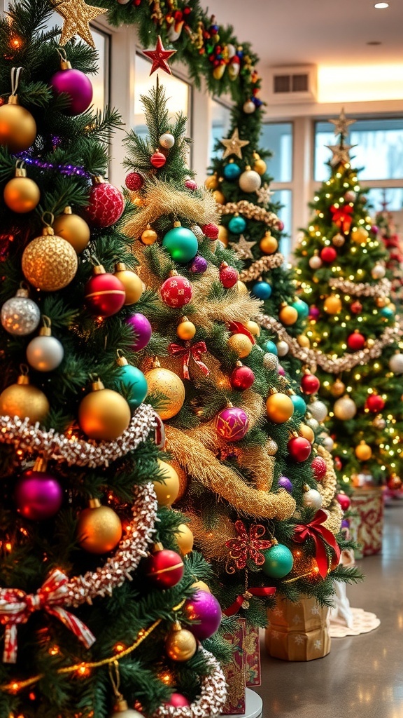 Aesthetic wallpaper of Christmas trees with decorations and lights, creating a festive ambiance.
